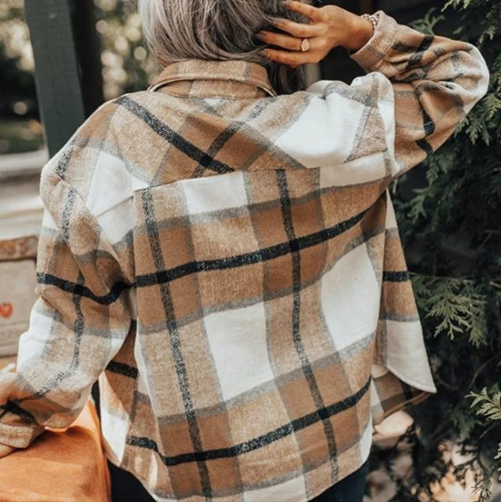 NEW Cozy Retro 70's Flannel Plaid Shacket Top Jacket Brown Tan White Gray - Picture 5 of 14